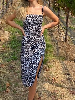 Banana Republic Black & White Floral Square-Neck Midi Dress with Side Slit